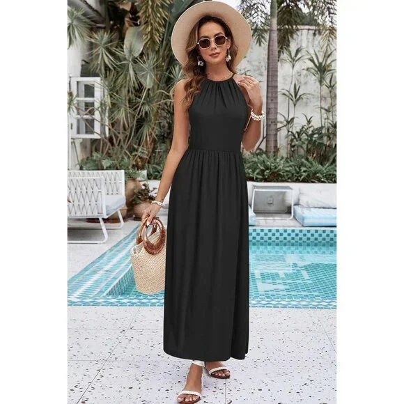 Women's Black Casual Sleeveless Halter Neck Floral Print Beach Party Split Maxi - Picture 3 of 6